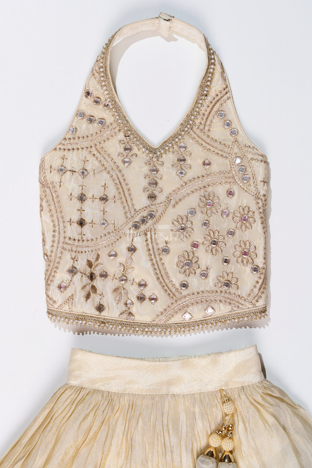 The Nesavu Girls Lehenga Choli Girls Reception Lehenga in Pure Viscose Tissue Silk with Halter Neck Embellished Choli Nesavu Nesavu Girls Reception Lehenga Pure Viscose Tissue Silk Halter Neck Embellished Choli