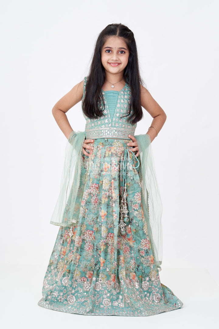 The Nesavu Girls Lehenga Choli Girls Reception Look with Lehenga in Green with Digital Floral Prints and Embroidered Blouse Nesavu 24 (5Y) / Green GL578B-24 Nesavu Girls Reception Lehenga Green Digital Floral Print Mirror Work Choli