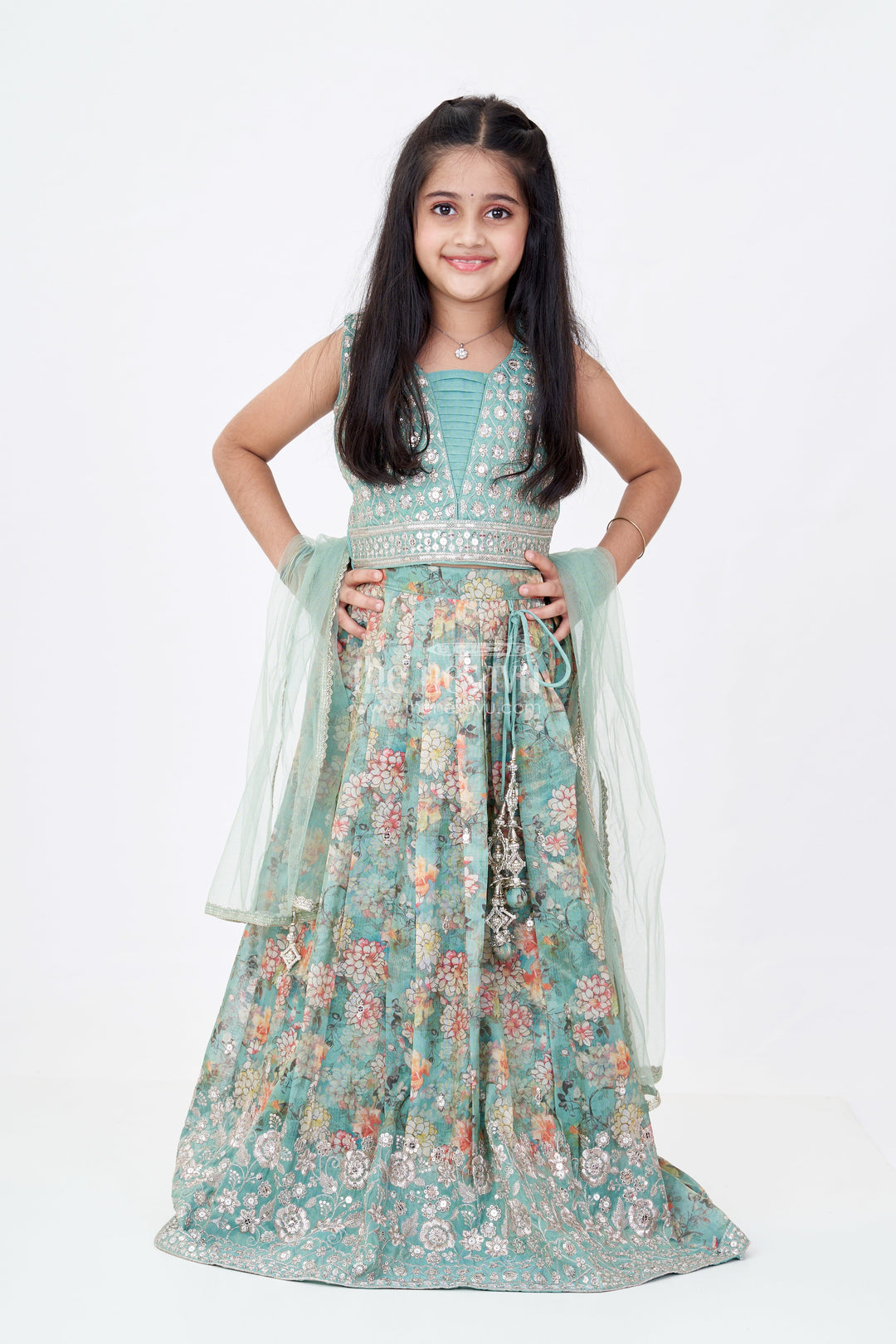 The Nesavu Girls Lehenga Choli Girls Reception Look with Lehenga in Green with Digital Floral Prints and Embroidered Blouse Nesavu 24 (5Y) / Green GL578B-24 Nesavu Girls Reception Lehenga Green Digital Floral Print Mirror Work Choli