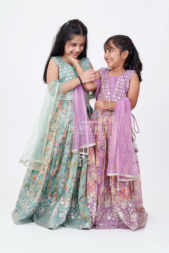 The Nesavu Girls Lehenga Choli Girls Reception Look with Lehenga in Green with Digital Floral Prints and Embroidered Blouse Nesavu Nesavu Girls Reception Lehenga Green Digital Floral Print Mirror Work Choli