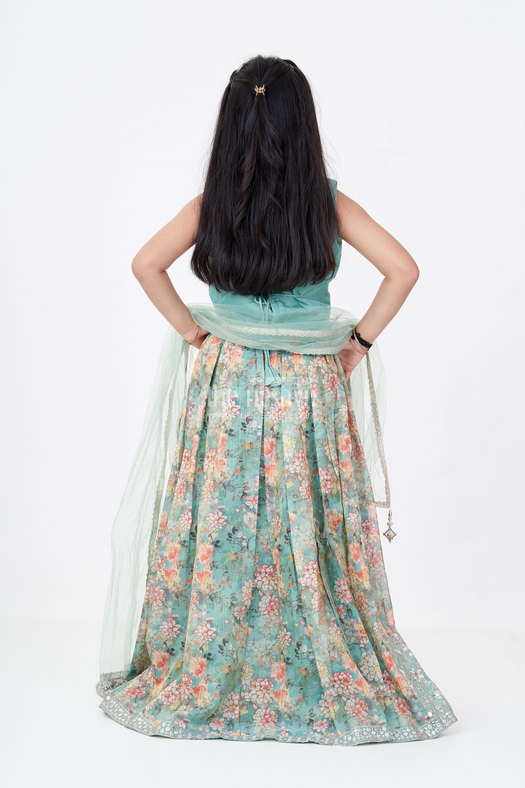 The Nesavu Girls Lehenga Choli Girls Reception Look with Lehenga in Green with Digital Floral Prints and Embroidered Blouse Nesavu Nesavu Girls Reception Lehenga Green Digital Floral Print Mirror Work Choli