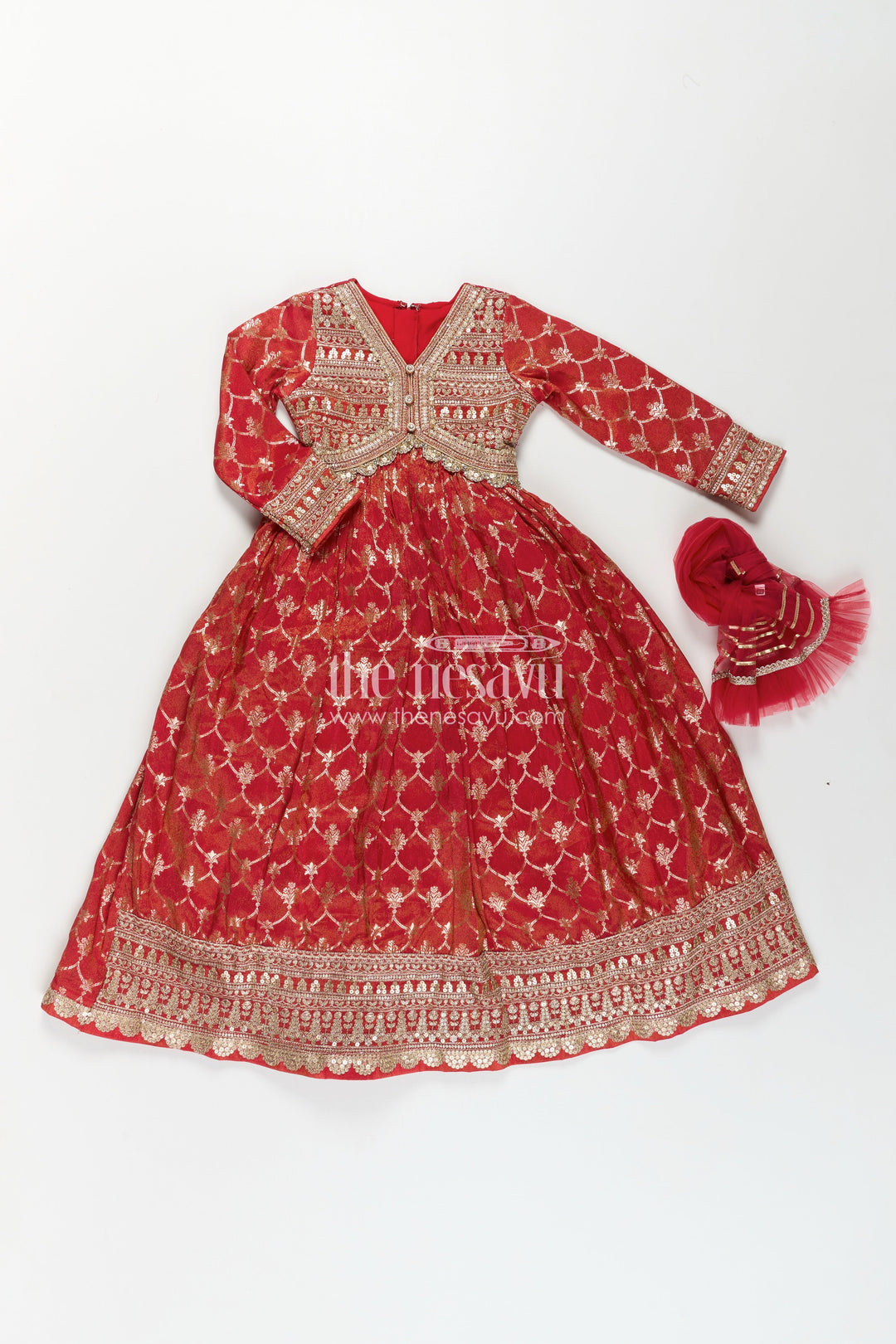 The Nesavu Girls Silk Gown Girls Reception Party Wear Silk Gown with Banarasi Organza Fabric and Designer Embellished Yoke Nesavu Girls Reception Party Wear Banarasi Silk Gown Embellished Yoke Matching Dupatta | The Nesavu