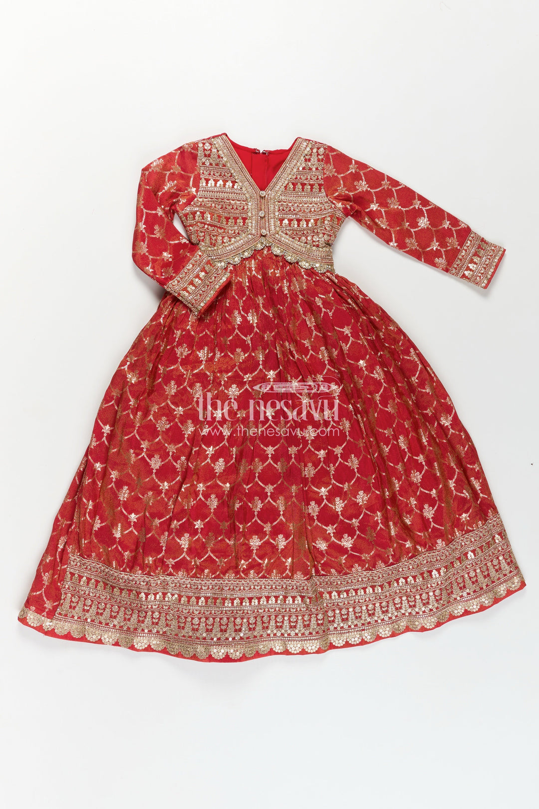 Girls Reception Party Wear Banarasi Silk Gown Embellished Yoke