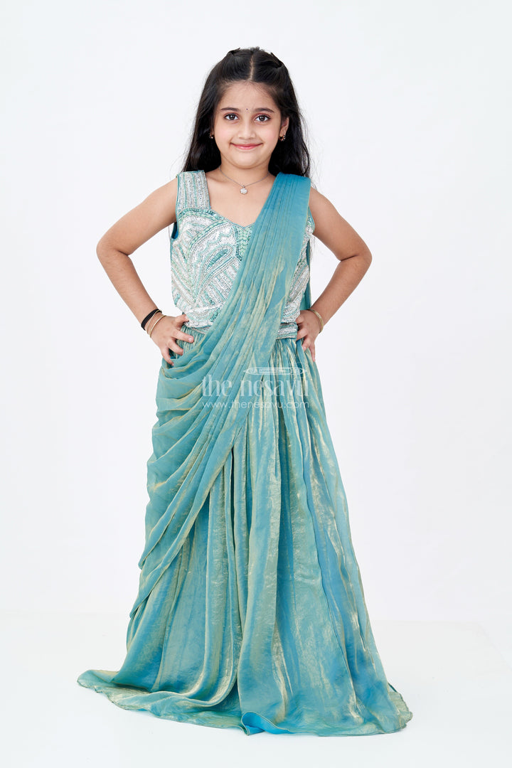 The Nesavu Girls Lehenga Choli Girls Reception Wear Lehenga in Teal Glazed Organza with Silver Sequin Embroidered Blouse Nesavu 24 (5Y) / Green GL607A-24 Nesavu Girls Reception Wear Lehenga Teal Glazed Organza Silver Sequin Embroidered Choli
