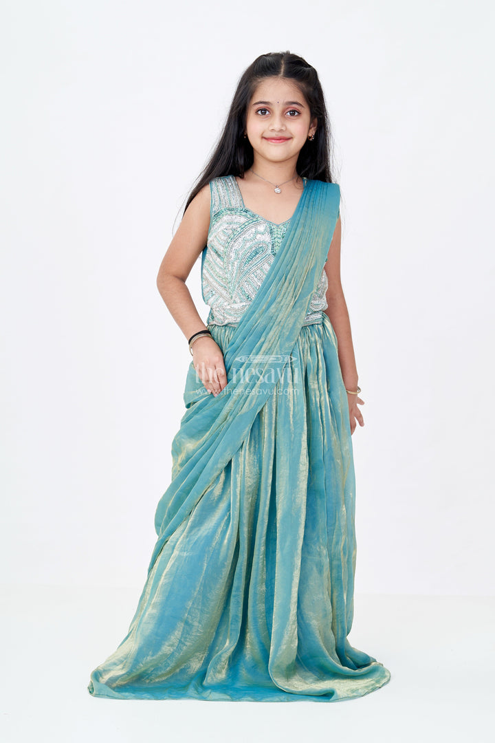 The Nesavu Girls Lehenga Choli Girls Reception Wear Lehenga in Teal Glazed Organza with Silver Sequin Embroidered Blouse Nesavu Nesavu Girls Reception Wear Lehenga Teal Glazed Organza Silver Sequin Embroidered Choli