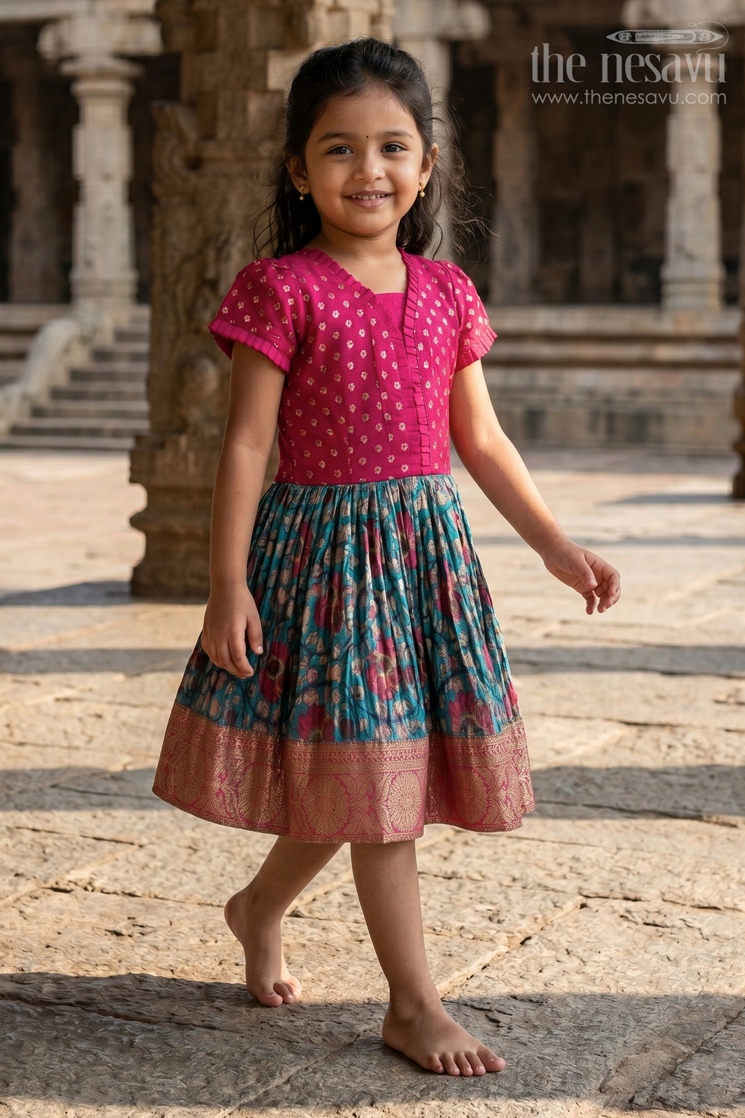 The Nesavu Silk Frock Girls Red and Blue Silk Christmas Dress with Pleated Floral Skirt and Zari Border Nesavu 14 (6M) / Multicolor SF945A-14 Nesavu Girls Red Blue Silk Christmas Dress Zari Border Pleated Skirt