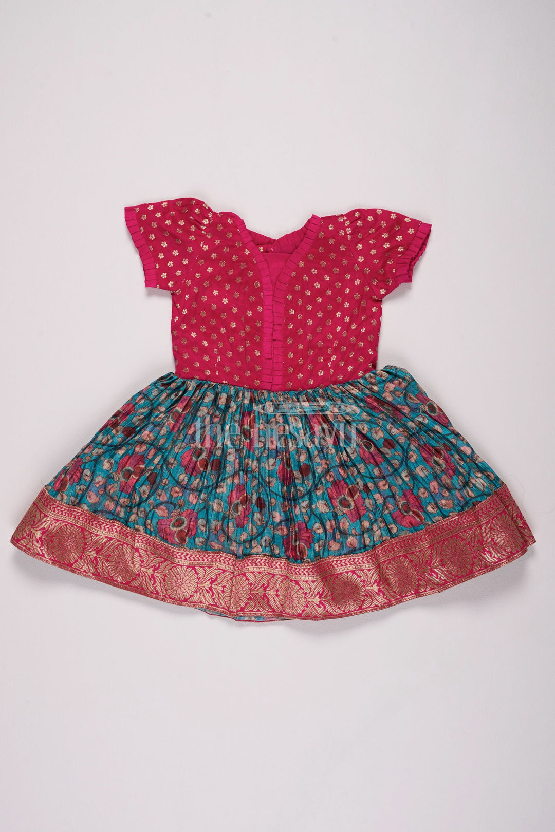 The Nesavu Silk Frock Girls Red and Blue Silk Christmas Dress with Pleated Floral Skirt and Zari Border Nesavu 14 (6M) / Multicolor SF945A-14 Nesavu Girls Red Blue Silk Christmas Dress Zari Border Pleated Skirt