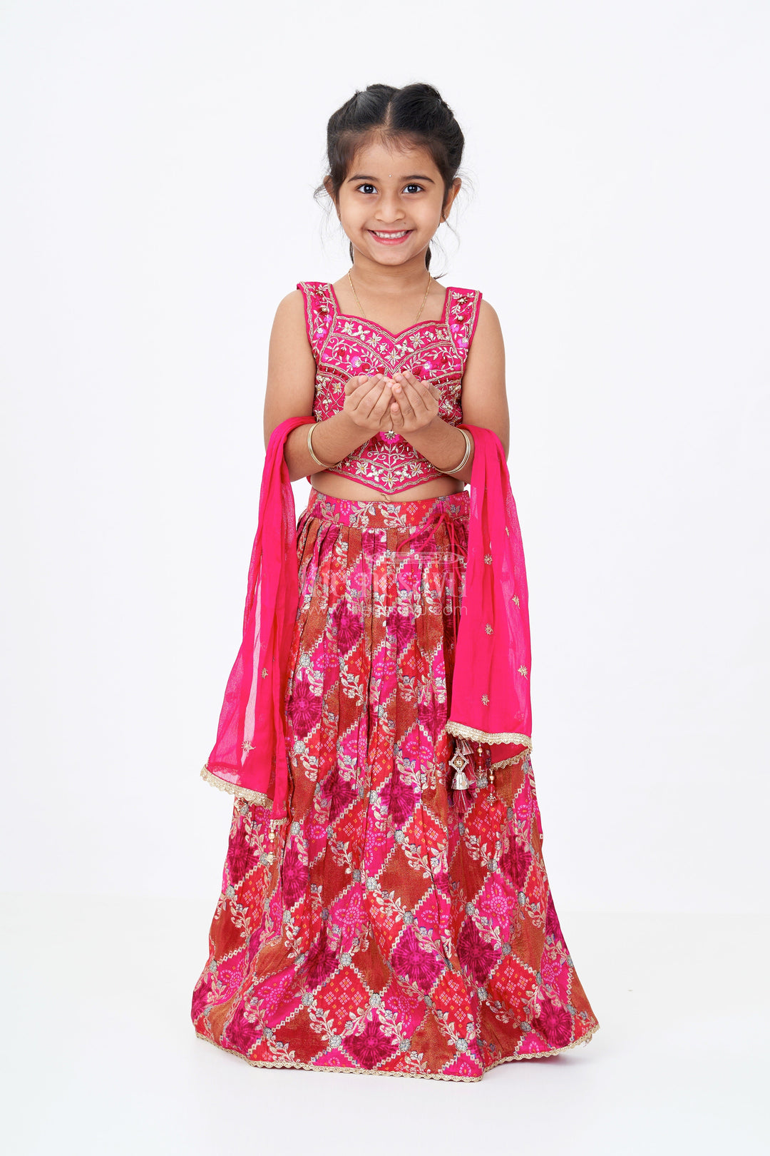 The Nesavu Girls Lehenga Choli Girls Red and Gold Lehenga in Viscose Silk with Mirror Embroidered Yoke and Geometric Placement Print Nesavu 16 (1Y) / Pink GL612A-16 Nesavu Girls Red Gold Lehenga Viscose Silk Mirror Embroidery Printed Dupatta