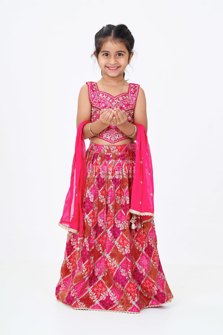 The Nesavu Girls Lehenga Choli Girls Red and Gold Lehenga in Viscose Silk with Mirror Embroidered Yoke and Geometric Placement Print Nesavu 16 (1Y) / Pink GL612A-16 Nesavu Girls Red Gold Lehenga Viscose Silk Mirror Embroidery Printed Dupatta