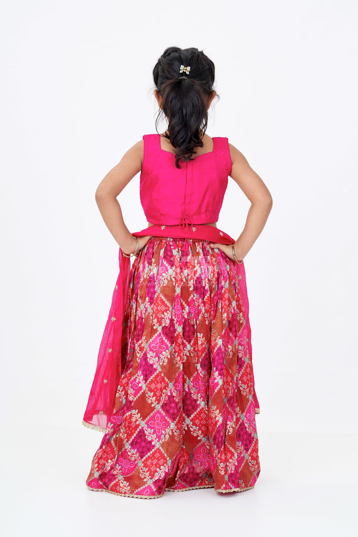 The Nesavu Girls Lehenga Choli Girls Red and Gold Lehenga in Viscose Silk with Mirror Embroidered Yoke and Geometric Placement Print Nesavu Nesavu Girls Red Gold Lehenga Viscose Silk Mirror Embroidery Printed Dupatta