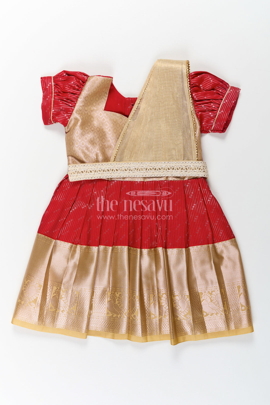 The Nesavu Girls Kanchi Silk Frock Girls Red and Gold Pattu Pavadai Set with Traditional Sattai Design and Elegant Border Nesavu 14 (6M) / Red / Style 1 SF825BA-14 Nesavu Girls Red Gold Pattu Pavadai Set Traditional Sattai Design Weddings Festive Occasions