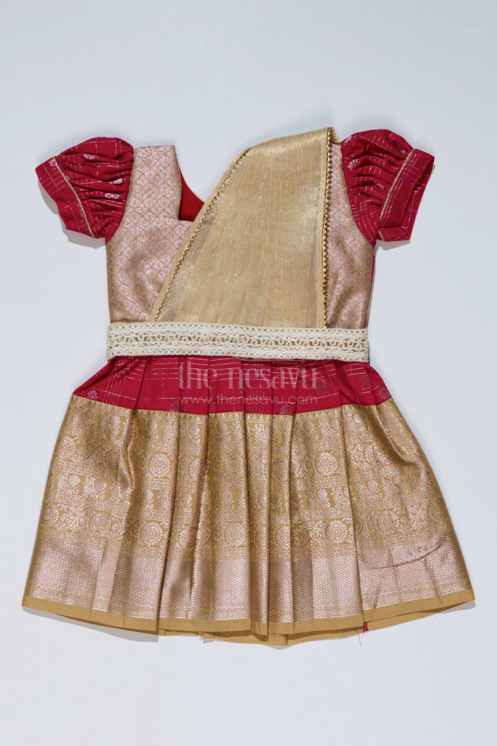 The Nesavu Girls Kanchi Silk Frock Girls Red and Gold Pattu Pavadai with Zari Embellished Pleated Skirt for Online Shopping Nesavu 16 (1Y) / Red / Style 1 SF837DA-16 Nesavu Girls Red Gold Pattu Pavadai Zari Embellished Pleated Skirt Online Shopping