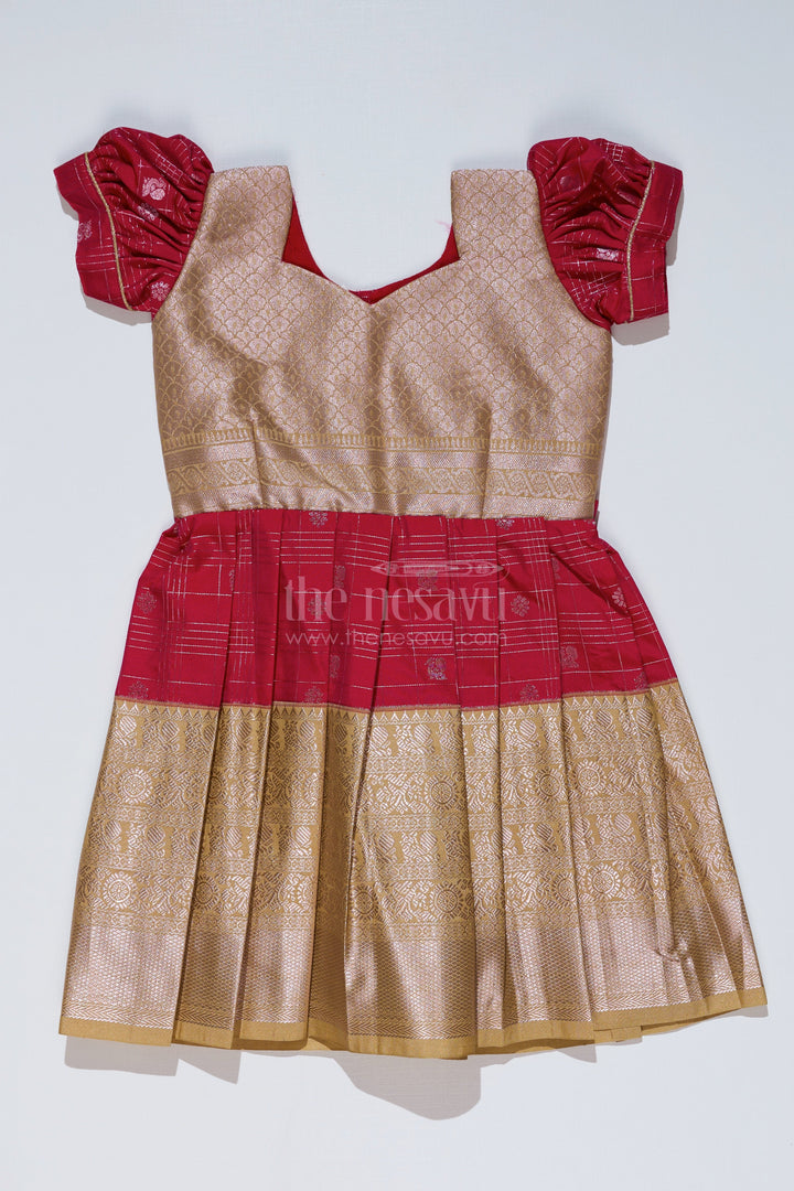 The Nesavu Girls Kanchi Silk Frock Girls Red and Gold Pattu Pavadai with Zari Embellished Pleated Skirt for Online Shopping Nesavu Nesavu Girls Red Gold Pattu Pavadai Zari Embellished Pleated Skirt Online Shopping