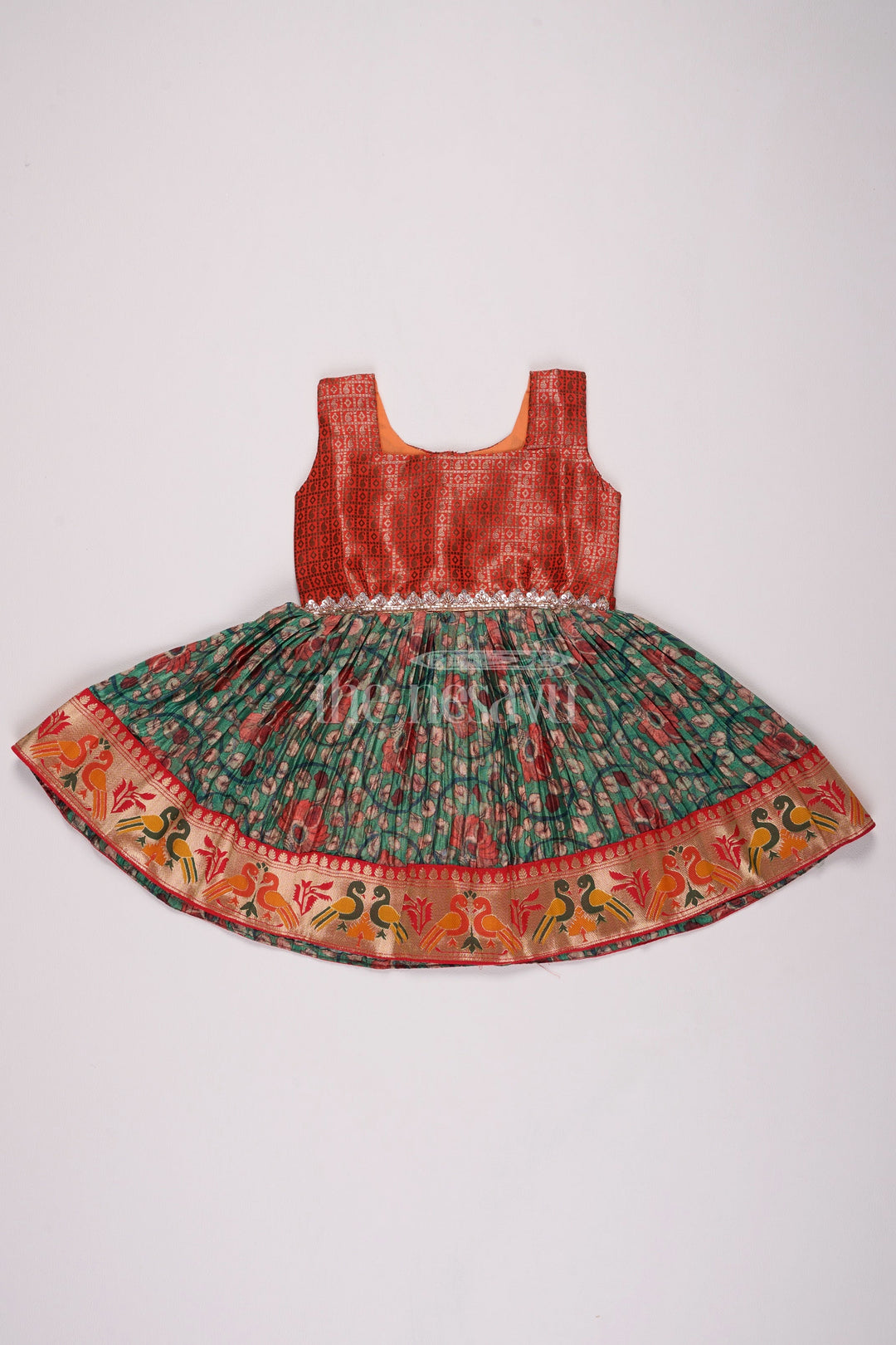 The Nesavu Silk Frock Girls Red and Green Silk Frock Model Dress with Bird Motif Border Nesavu 14 (6M) / Multicolor SF943A-14 Nesavu Girls Red Green Silk Frock Model Dress Pleated Skirt Bird Motif Border