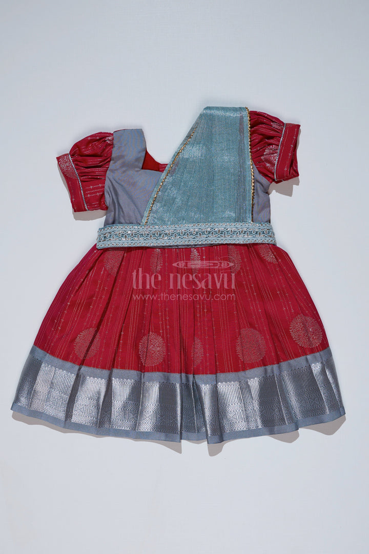 The Nesavu Girls Kanchi Silk Frock Girls Red and Silver Pattu Pavadai with Zari Border and Elegant Pleated Skirt Available Online Nesavu 14 (6M) / Gray / Style 5 SF860BE-14 Nesavu Girls Red Silver Pattu Pavadai Zari Border Elegant Pleated Skirt Online