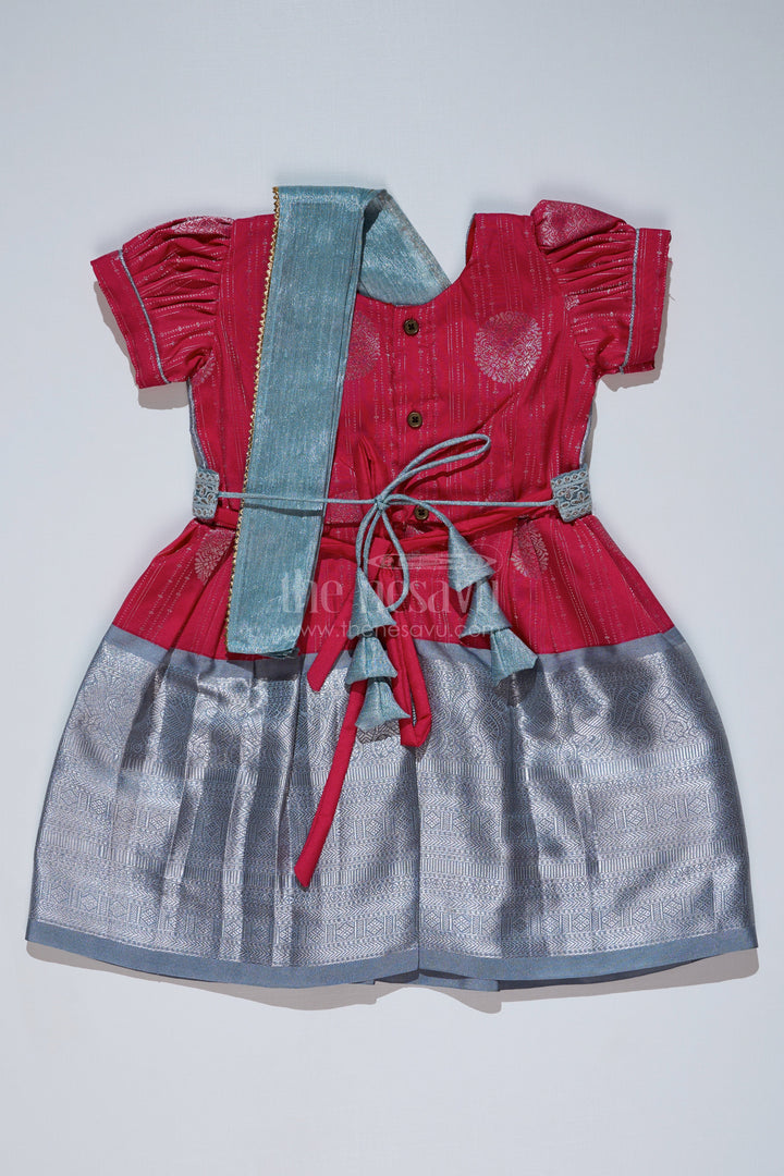 The Nesavu Girls Kanchi Silk Frock Girls Red and Silver Pattu Pavadai with Zari Border and Elegant Pleated Skirt Available Online Nesavu Nesavu Girls Red Silver Pattu Pavadai Zari Border Elegant Pleated Skirt Online