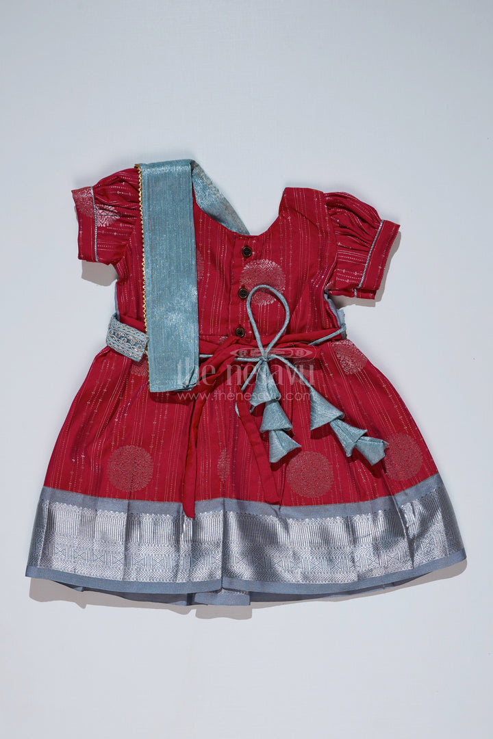 The Nesavu Girls Kanchi Silk Frock Girls Red and Silver Pattu Pavadai with Zari Border and Elegant Pleated Skirt Available Online Nesavu Nesavu Girls Red Silver Pattu Pavadai Zari Border Elegant Pleated Skirt Online