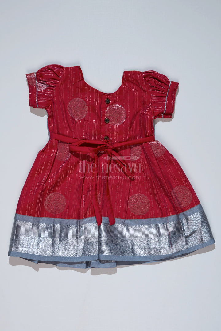The Nesavu Girls Kanchi Silk Frock Girls Red and Silver Pattu Pavadai with Zari Border and Elegant Pleated Skirt Available Online Nesavu Nesavu Girls Red Silver Pattu Pavadai Zari Border Elegant Pleated Skirt Online