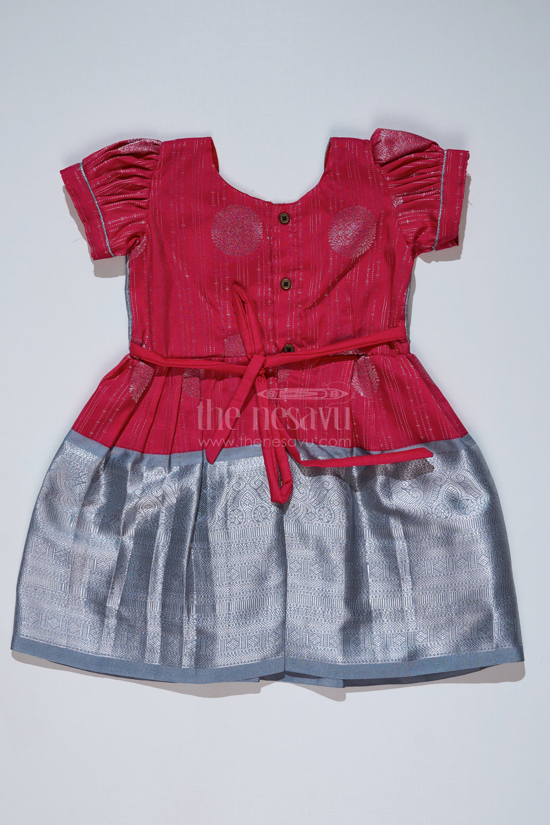 The Nesavu Girls Kanchi Silk Frock Girls Red and Silver Pattu Pavadai with Zari Border and Elegant Pleated Skirt Available Online Nesavu Nesavu Girls Red Silver Pattu Pavadai Zari Border Elegant Pleated Skirt Online