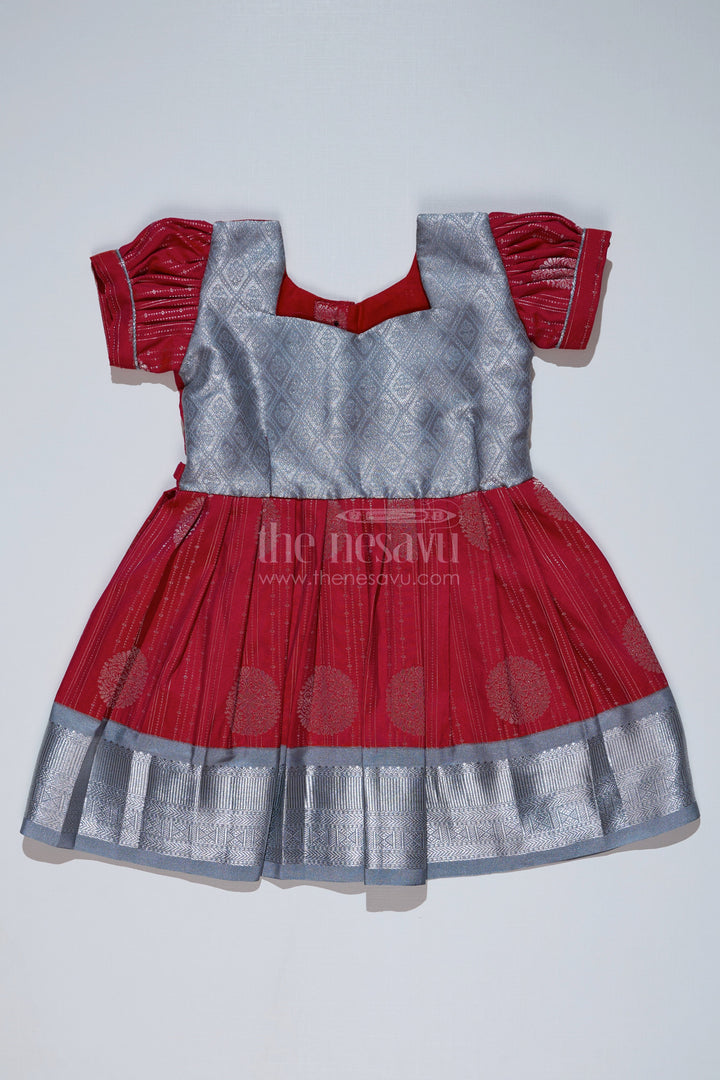 The Nesavu Girls Kanchi Silk Frock Girls Red and Silver Pattu Pavadai with Zari Border and Elegant Pleated Skirt Available Online Nesavu Nesavu Girls Red Silver Pattu Pavadai Zari Border Elegant Pleated Skirt Online