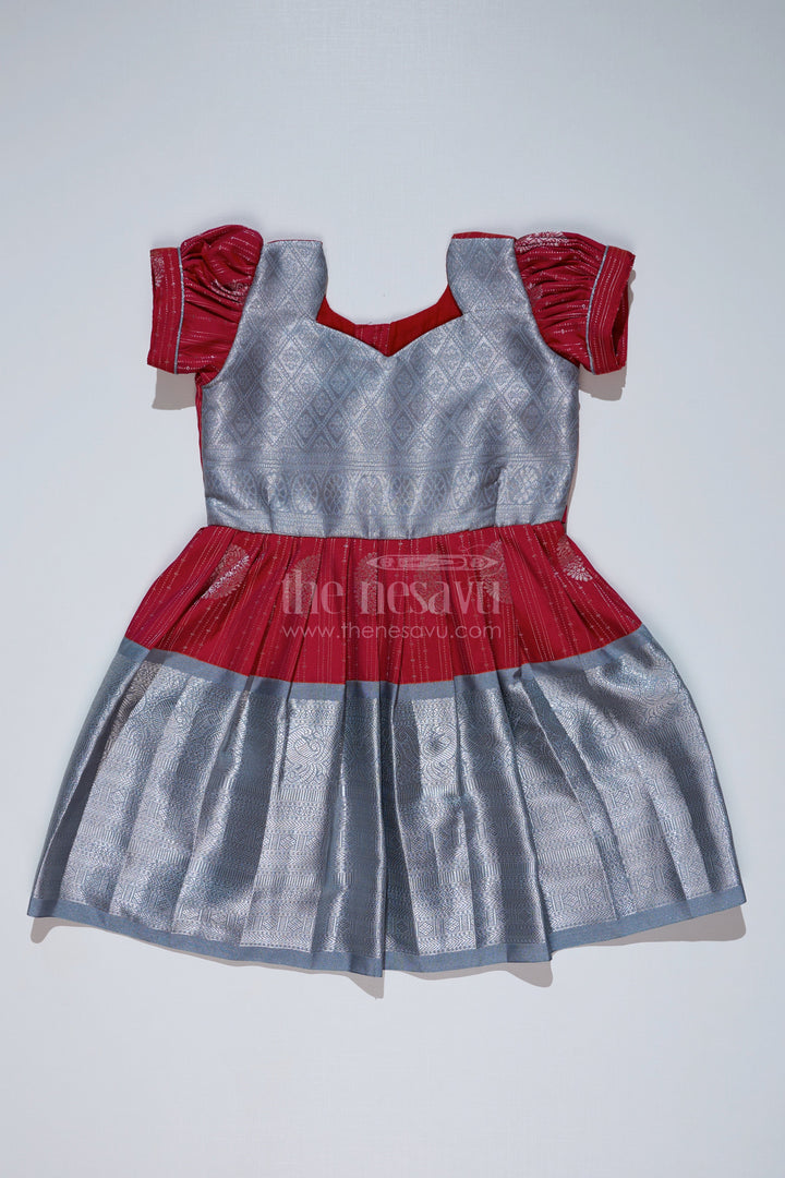 The Nesavu Girls Kanchi Silk Frock Girls Red and Silver Pattu Pavadai with Zari Border and Elegant Pleated Skirt Available Online Nesavu Nesavu Girls Red Silver Pattu Pavadai Zari Border Elegant Pleated Skirt Online