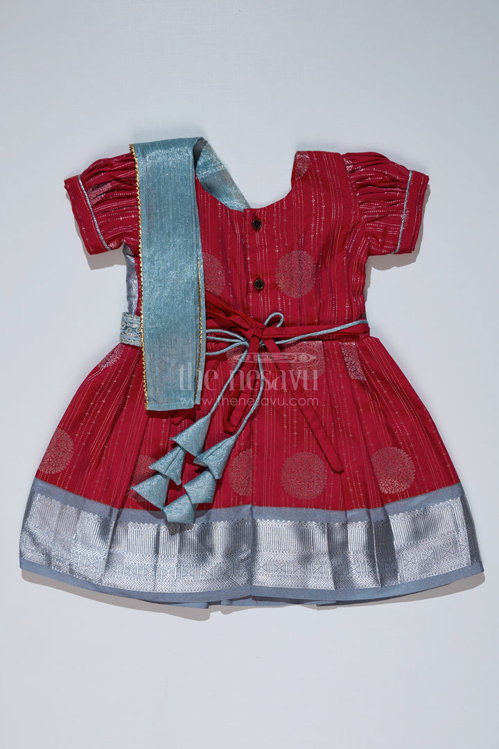 The Nesavu Girls Kanchi Silk Frock Girls Red and Silver Pattu Pavadai with Zari Border and Elegant Pleated Skirt Available Online Nesavu Nesavu Girls Red Silver Pattu Pavadai Zari Border Elegant Pleated Skirt Online