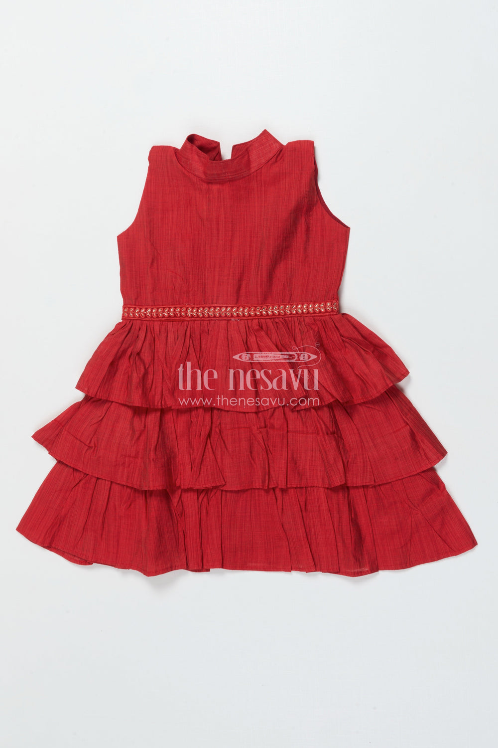 The Nesavu Girls Chanderi Frock Girls Red Chanderi Frock for Birthdays and Traditional Celebrations Nesavu 18 (2Y) / Red GFC2011E-18 Nesavu girls red chanderi frock birthdays Diwali functions traditional festive wear