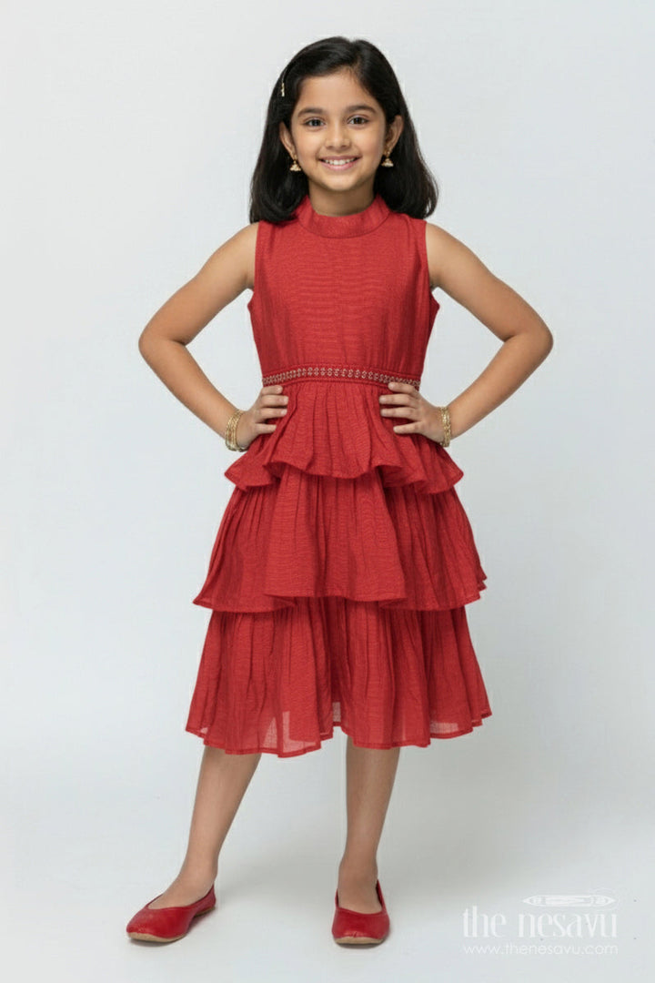 The Nesavu Girls Chanderi Frock Girls Red Chanderi Frock for Birthdays and Traditional Celebrations Nesavu 18 (2Y) / Red GFC2011E-18 Nesavu girls red chanderi frock birthdays Diwali functions traditional festive wear