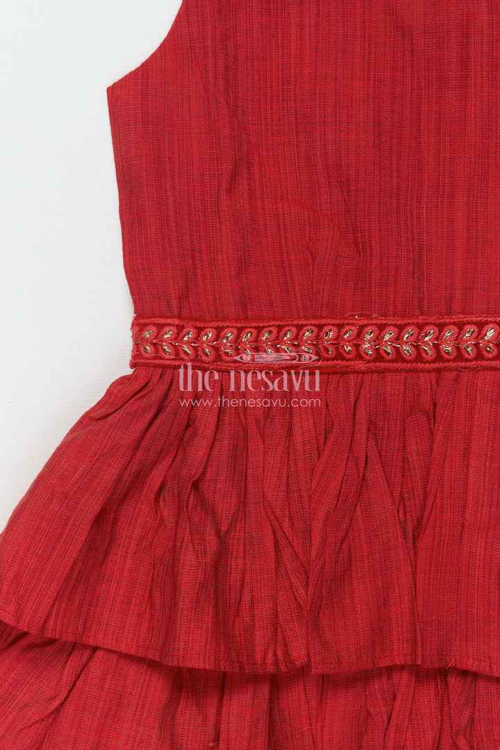 The Nesavu Girls Chanderi Frock Girls Red Chanderi Frock for Birthdays and Traditional Celebrations Nesavu Nesavu girls red chanderi frock birthdays Diwali functions traditional festive wear