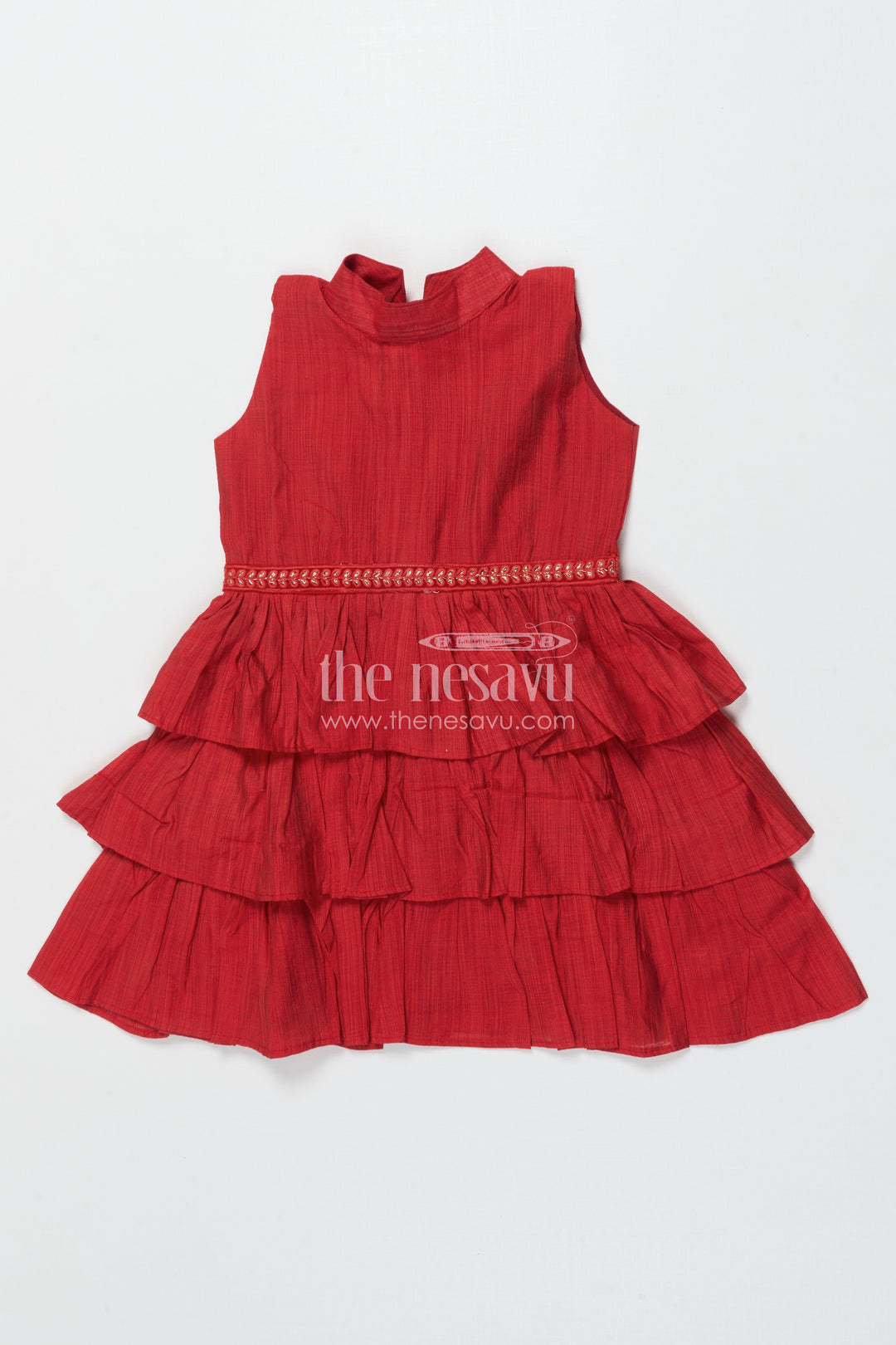 The Nesavu Girls Chanderi Frock Girls Red Chanderi Frock for Birthdays and Traditional Celebrations Nesavu Nesavu girls red chanderi frock birthdays Diwali functions traditional festive wear