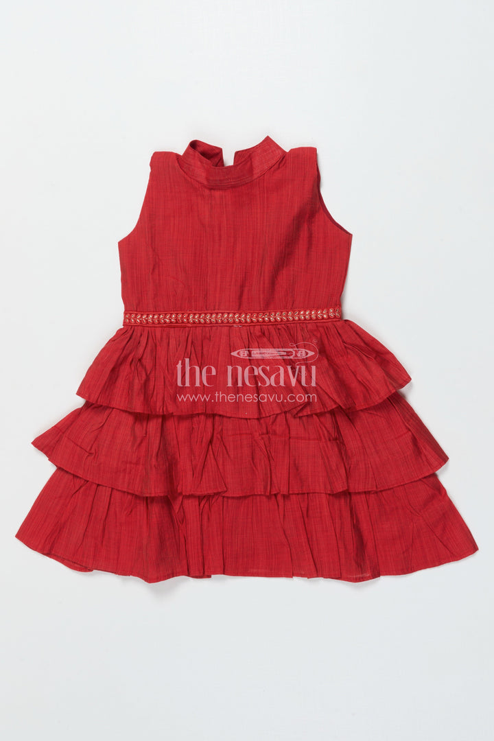 The Nesavu Girls Chanderi Frock Girls Red Chanderi Frock for Birthdays and Traditional Celebrations Nesavu Nesavu girls red chanderi frock birthdays Diwali functions traditional festive wear