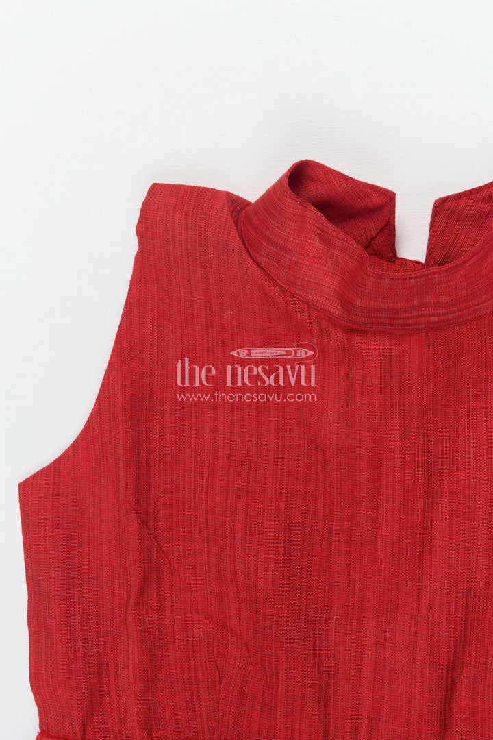 The Nesavu Girls Chanderi Frock Girls Red Chanderi Frock for Birthdays and Traditional Celebrations Nesavu Nesavu girls red chanderi frock birthdays Diwali functions traditional festive wear