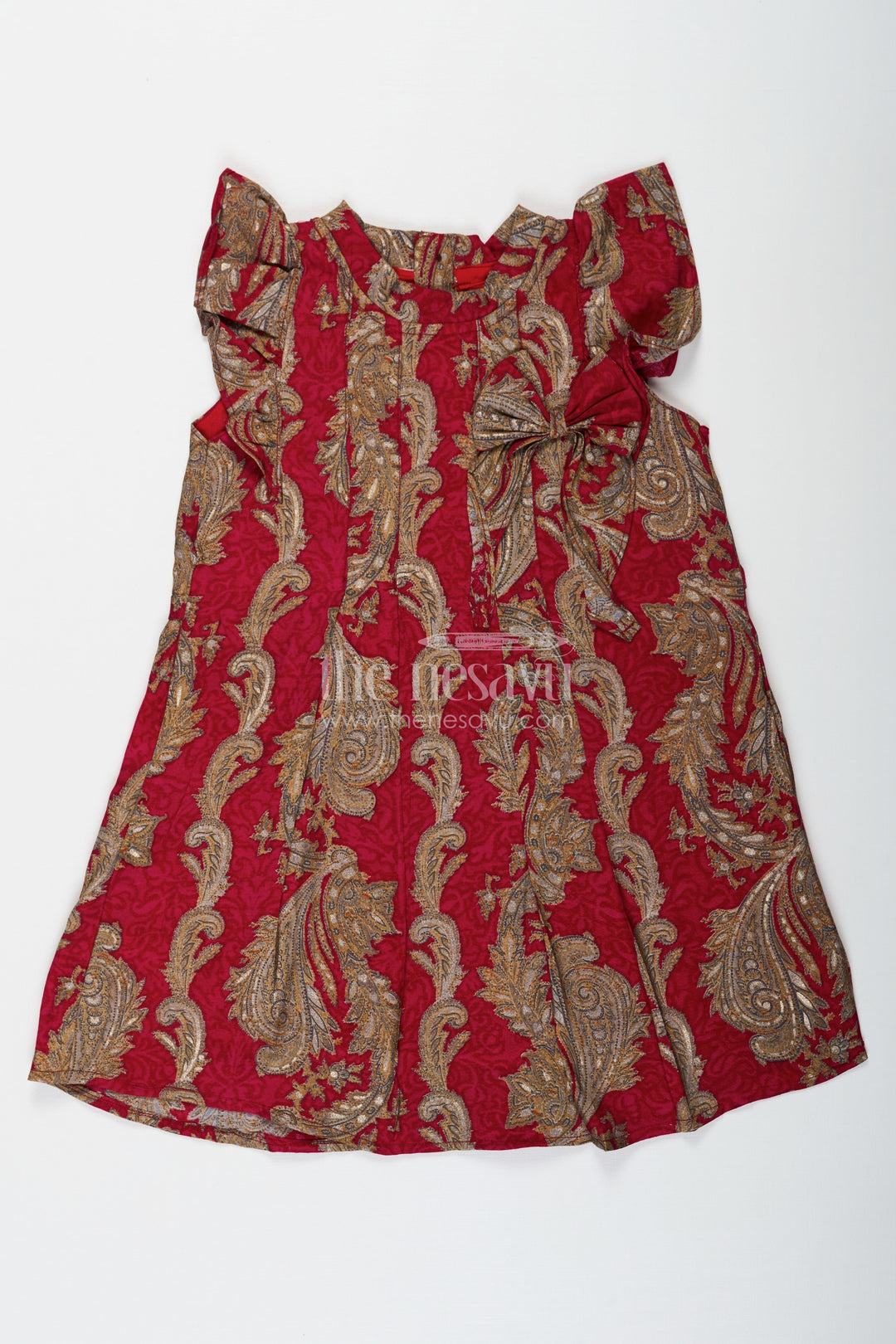 The Nesavu Girls Chanderi Frock Girls Red Chanderi Frock with Gold Baroque Details Ideal for Dress Party Wear for Kids and Toddlers Nesavu 18 (2Y) / Red GFC1687B-18 Nesavu Girls Red Chanderi Frock Gold Baroque Design Ideal Party Wear Festive Celebrations