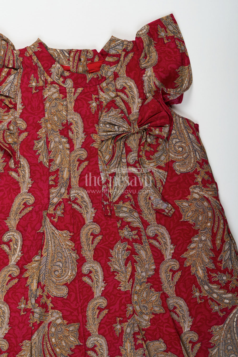 The Nesavu Girls Chanderi Frock Girls Red Chanderi Frock with Gold Baroque Details Ideal for Dress Party Wear for Kids and Toddlers Nesavu Nesavu Girls Red Chanderi Frock Gold Baroque Design Ideal Party Wear Festive Celebrations