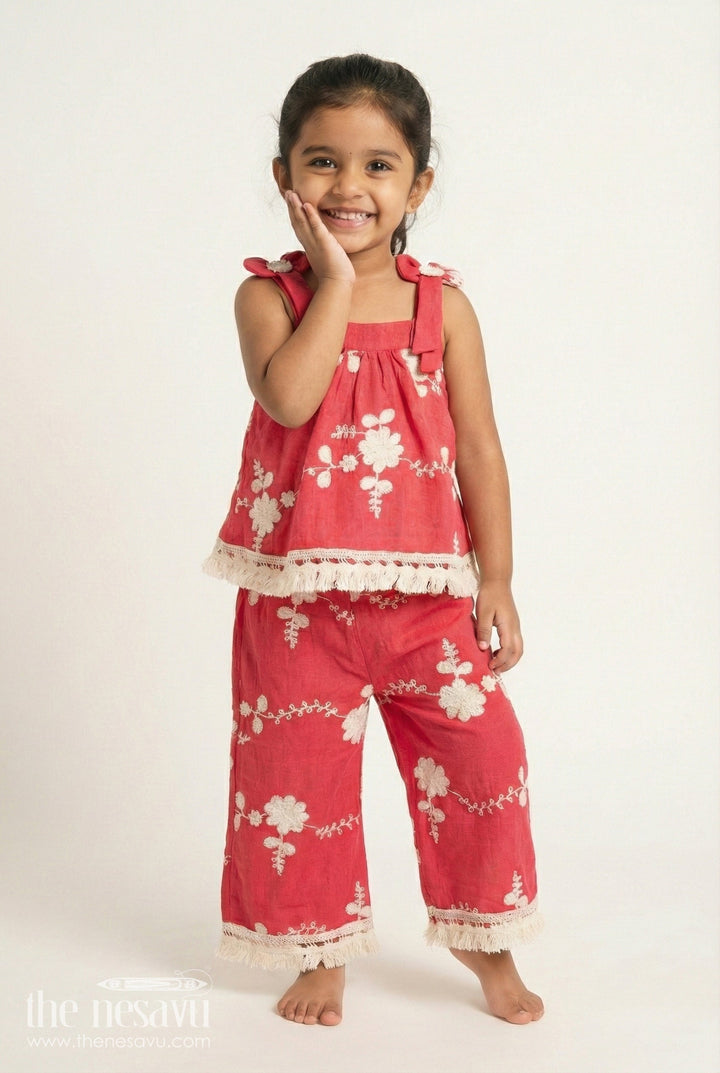 The Nesavu Girls Co-Ord Sets Girls Red Cotton Sharara Set with Thread Embroidery for Ethnic Events Nesavu 18 (2Y) / Red GPS889B-18 Nesavu red cotton sharara set girls embroidery dupatta  perfect festive occasions