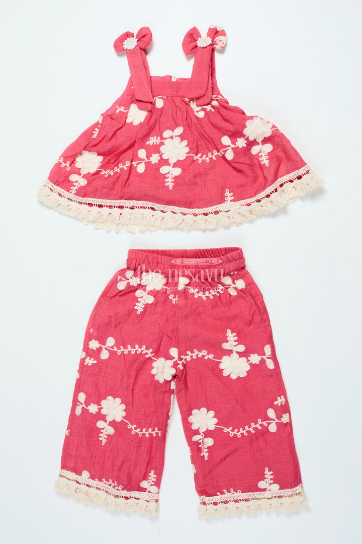 The Nesavu Girls Co-Ord Sets Girls Red Cotton Sharara Set with Thread Embroidery for Ethnic Events Nesavu Nesavu red cotton sharara set girls embroidery dupatta  perfect festive occasions