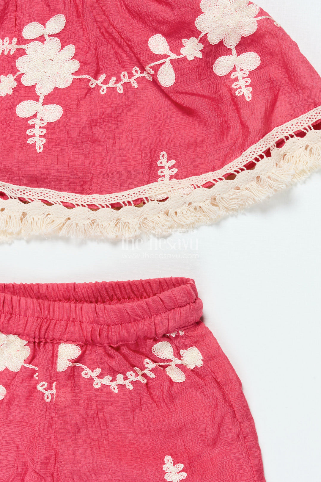 The Nesavu Girls Co-Ord Sets Girls Red Cotton Sharara Set with Thread Embroidery for Ethnic Events Nesavu Nesavu red cotton sharara set girls embroidery dupatta  perfect festive occasions