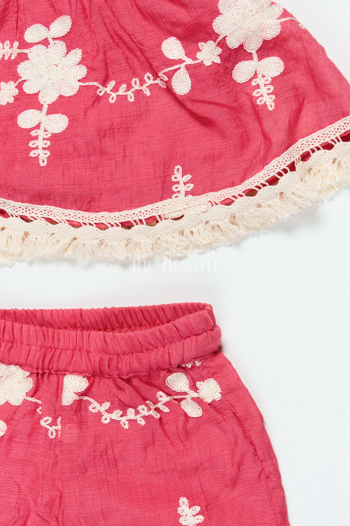 The Nesavu Girls Co-Ord Sets Girls Red Cotton Sharara Set with Thread Embroidery for Ethnic Events Nesavu Nesavu red cotton sharara set girls embroidery dupatta  perfect festive occasions