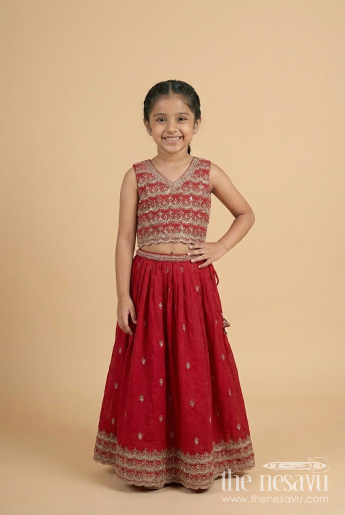 The Nesavu Girls Lehenga Choli Girls Red Georgette Lehenga Choli for Weddings and Festive Occasions Nesavu 30 (8Y) / Red GL827A-30 Nesavu girls red georgette lehenga choli sequin embroidery weddings