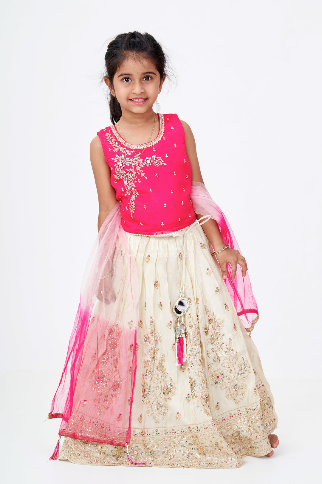 The Nesavu Girls Lehenga Choli Girls Red Lehenga Designs in Banarasi Kora Tissue Silk with Heavy Embroidery and Mirror Accents Nesavu 18 (2Y) / Cream GL618A-18 Nesavu Red Lehenga Designs Girls Banarasi Kora Tissue Silk Heavy Embroidery Mirror Work