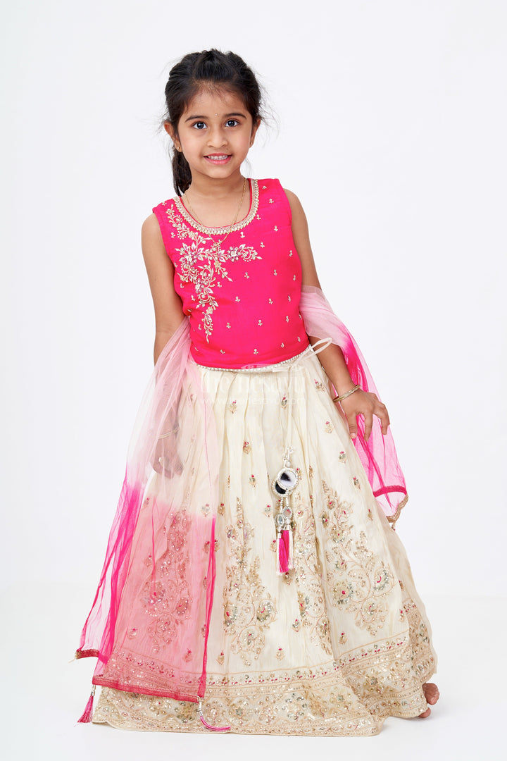 The Nesavu Girls Lehenga Choli Girls Red Lehenga Designs in Banarasi Kora Tissue Silk with Heavy Embroidery and Mirror Accents Nesavu 18 (2Y) / Cream GL618A-18 Nesavu Red Lehenga Designs Girls Banarasi Kora Tissue Silk Heavy Embroidery Mirror Work