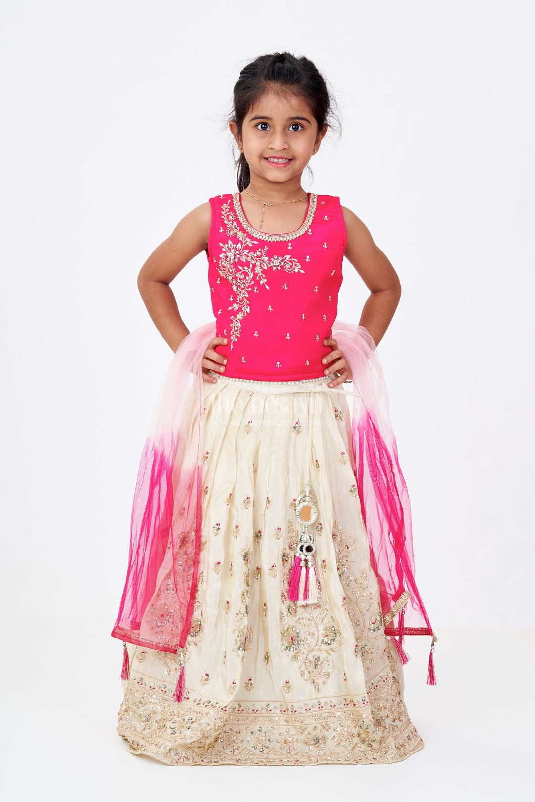 The Nesavu Girls Lehenga Choli Girls Red Lehenga Designs in Banarasi Kora Tissue Silk with Heavy Embroidery and Mirror Accents Nesavu Nesavu Red Lehenga Designs Girls Banarasi Kora Tissue Silk Heavy Embroidery Mirror Work