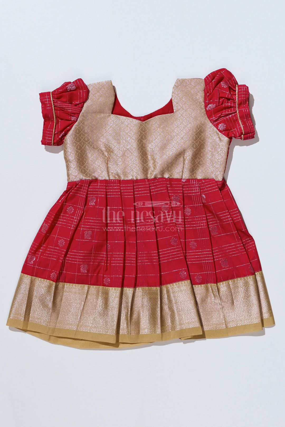 The Nesavu Girls Kanchi Silk Frock Girls Red Pattu Pavadai with Golden Zari Border and Pleated Design Available Online Nesavu Girls Red Pattu Pavadai Golden Zari Border Pleated Skirt Available Online | The Nesavu