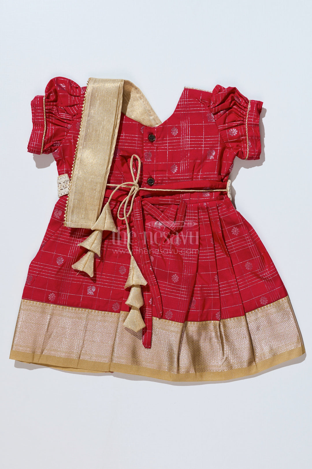 The Nesavu Girls Kanchi Silk Frock Girls Red Pattu Pavadai with Golden Zari Border and Pleated Design Available Online Nesavu Girls Red Pattu Pavadai Golden Zari Border Pleated Skirt Available Online | The Nesavu