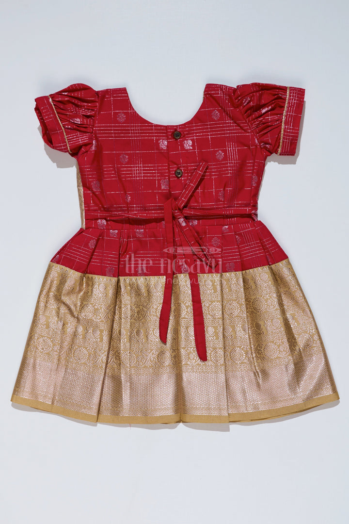 The Nesavu Girls Kanchi Silk Frock Girls Red Pattu Pavadai with Golden Zari Border and Pleated Design Available Online Nesavu Girls Red Pattu Pavadai Golden Zari Border Pleated Skirt Available Online | The Nesavu