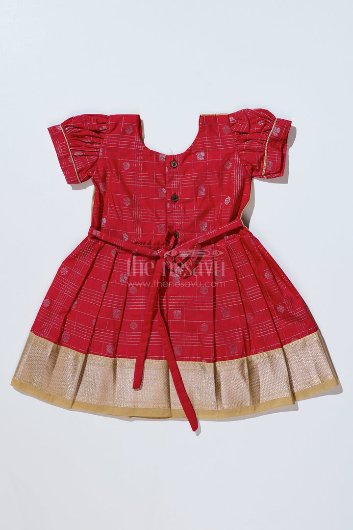 The Nesavu Girls Kanchi Silk Frock Girls Red Pattu Pavadai with Golden Zari Border and Pleated Design Available Online Nesavu Nesavu Girls Red Pattu Pavadai Golden Zari Border Pleated Skirt Available Online