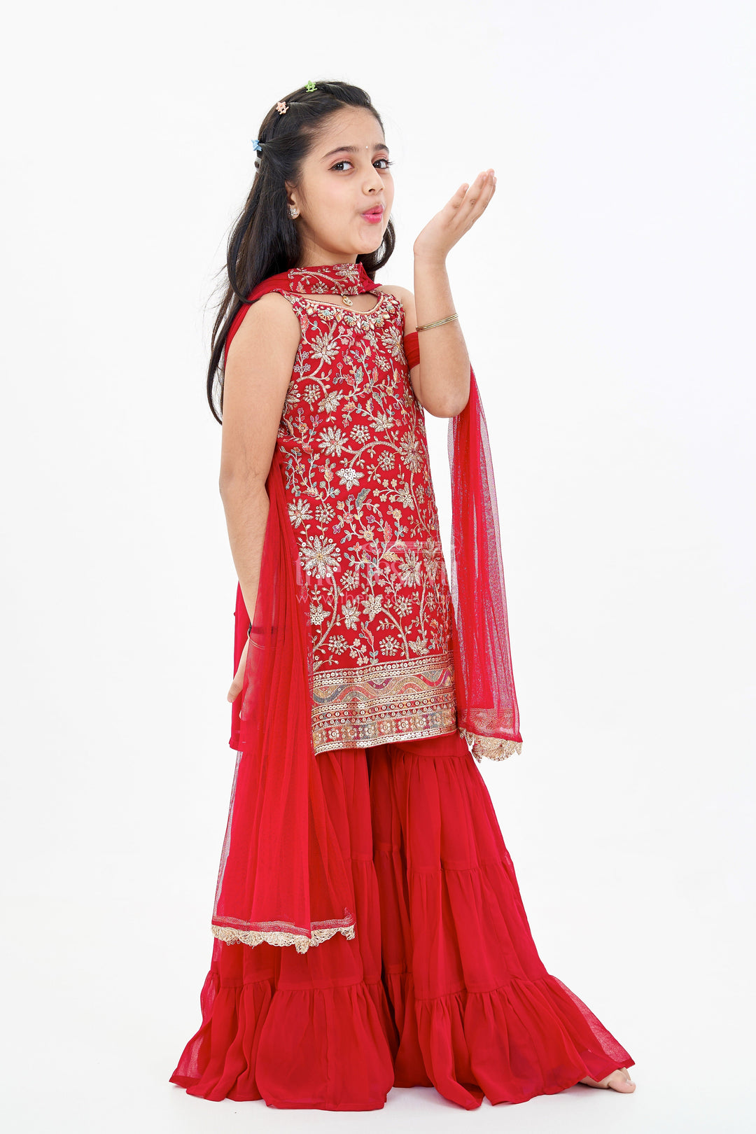 The Nesavu Girls Sharara / Plazo Set Girls Red Plazo Set with Embroidered Top and Flowy Georgette Bottoms for Festive Wear Nesavu 18 (2Y) / Pink GPS524A-18 Nesavu Girls Red Plazo Set Embroidered Top Layered Palazzo Pants Festive Wear