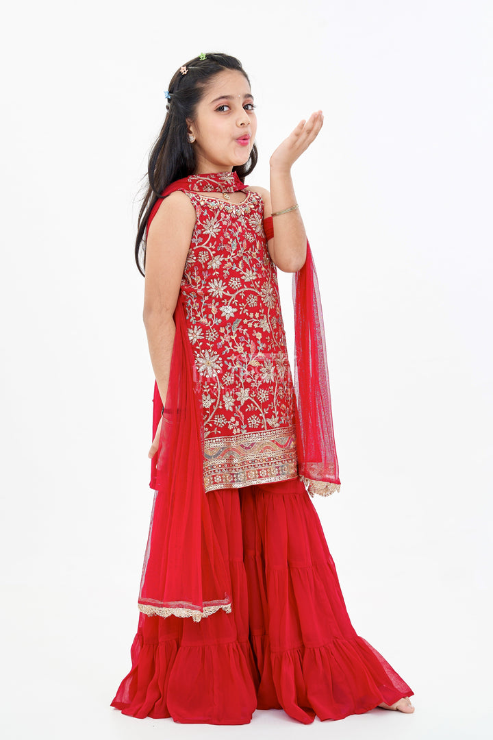 The Nesavu Girls Sharara / Plazo Set Girls Red Plazo Set with Embroidered Top and Flowy Georgette Bottoms for Festive Wear Nesavu 18 (2Y) / Pink GPS524A-18 Nesavu Girls Red Plazo Set Embroidered Top Layered Palazzo Pants Festive Wear