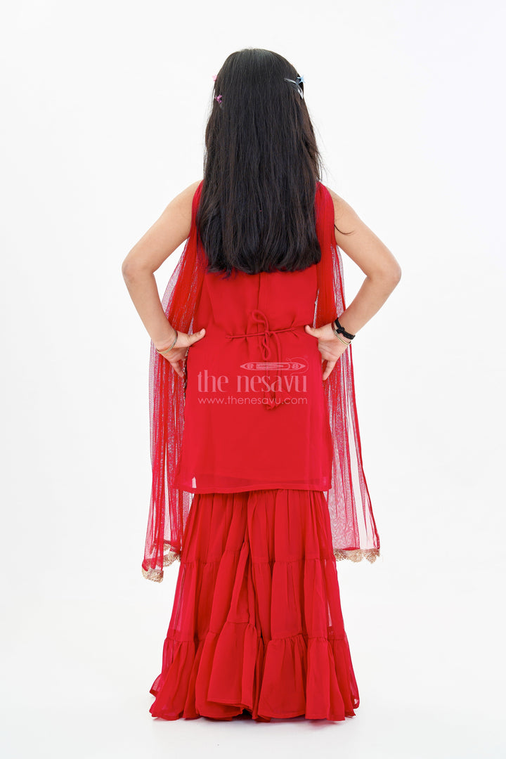The Nesavu Girls Sharara / Plazo Set Girls Red Plazo Set with Embroidered Top and Flowy Georgette Bottoms for Festive Wear Nesavu Nesavu Girls Red Plazo Set Embroidered Top Layered Palazzo Pants Festive Wear
