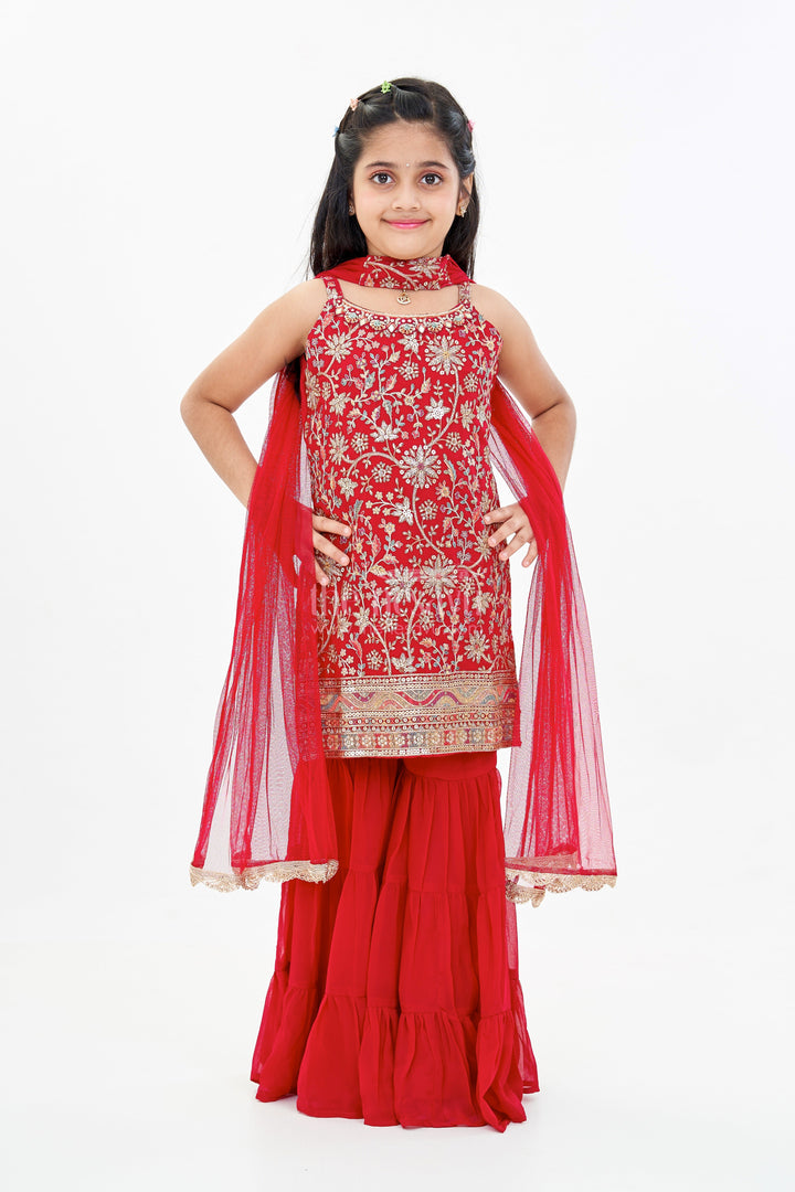 The Nesavu Girls Sharara / Plazo Set Girls Red Plazo Set with Embroidered Top and Flowy Georgette Bottoms for Festive Wear Nesavu Nesavu Girls Red Plazo Set Embroidered Top Layered Palazzo Pants Festive Wear